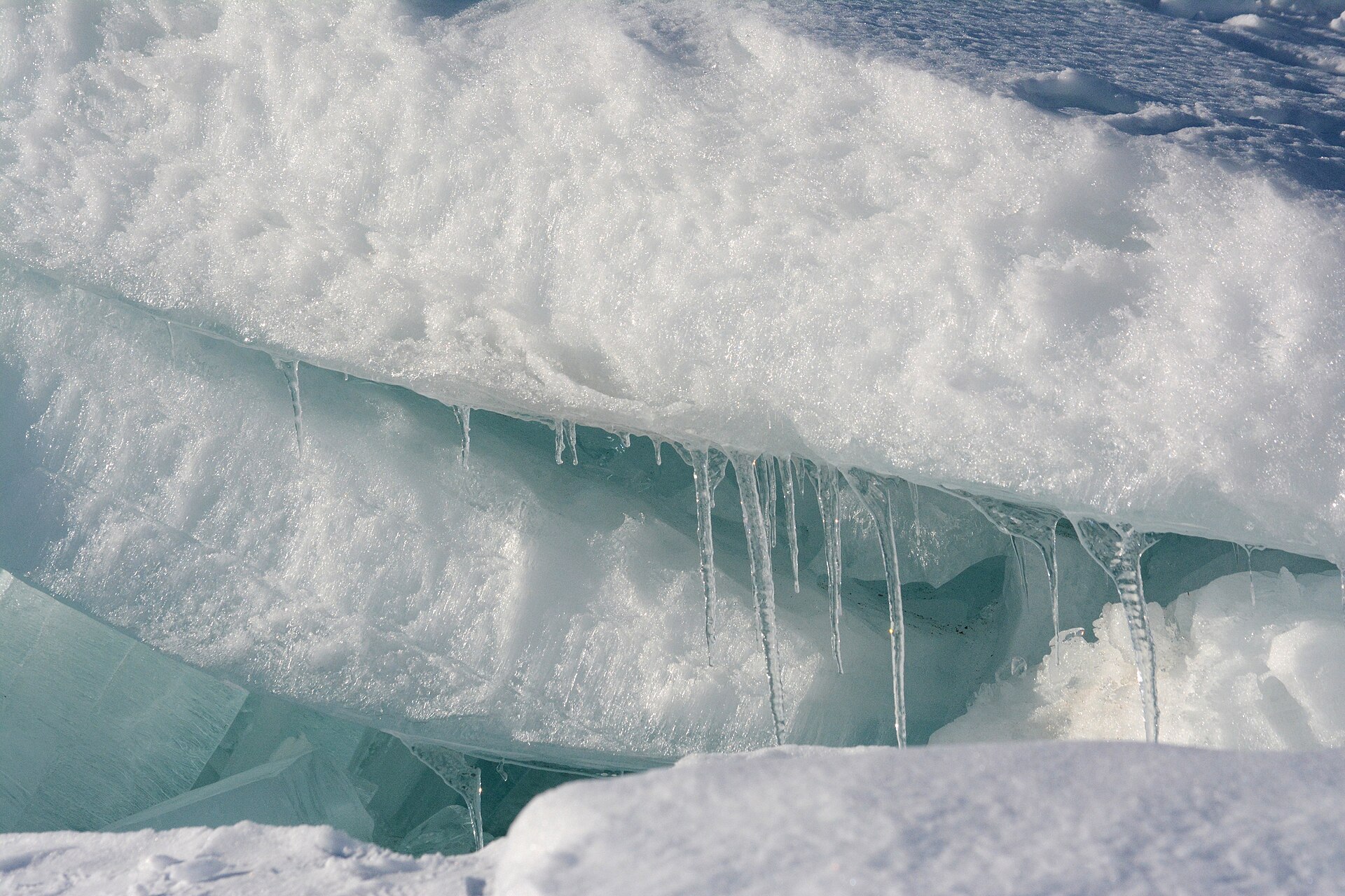 Blue winter ice along the Straits of Mackinac.